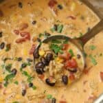 Mexican cheese soup in a pot with cilantro and a ladle