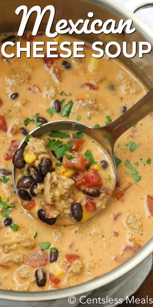 Mexican cheese soup in a pot with a ladle and a title