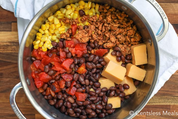 Mexican cheese soup ingredients in a pot