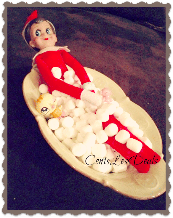 Elf on a shelf in a bowl of marshmallows