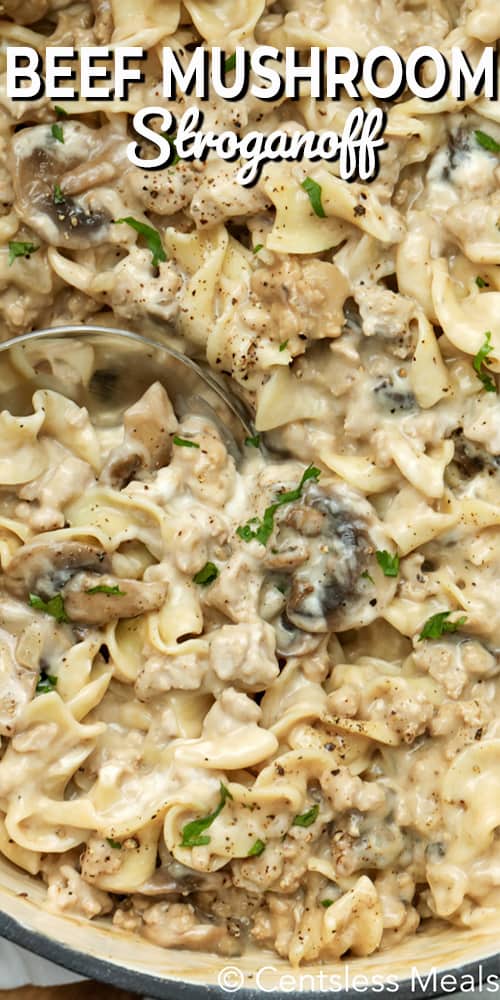 Beef mushroom stroganoff in a pot with a spoon and the title