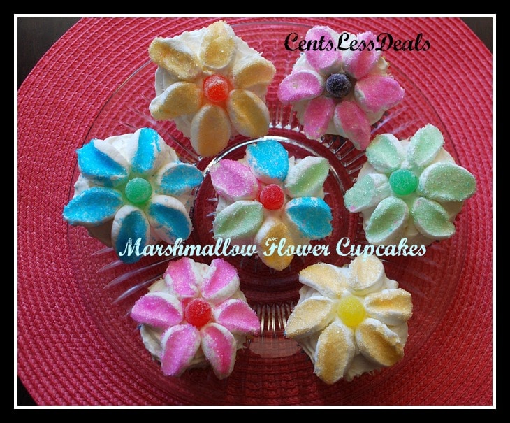 Marshmallow flower cupcakes with colorful sprinkles and a title