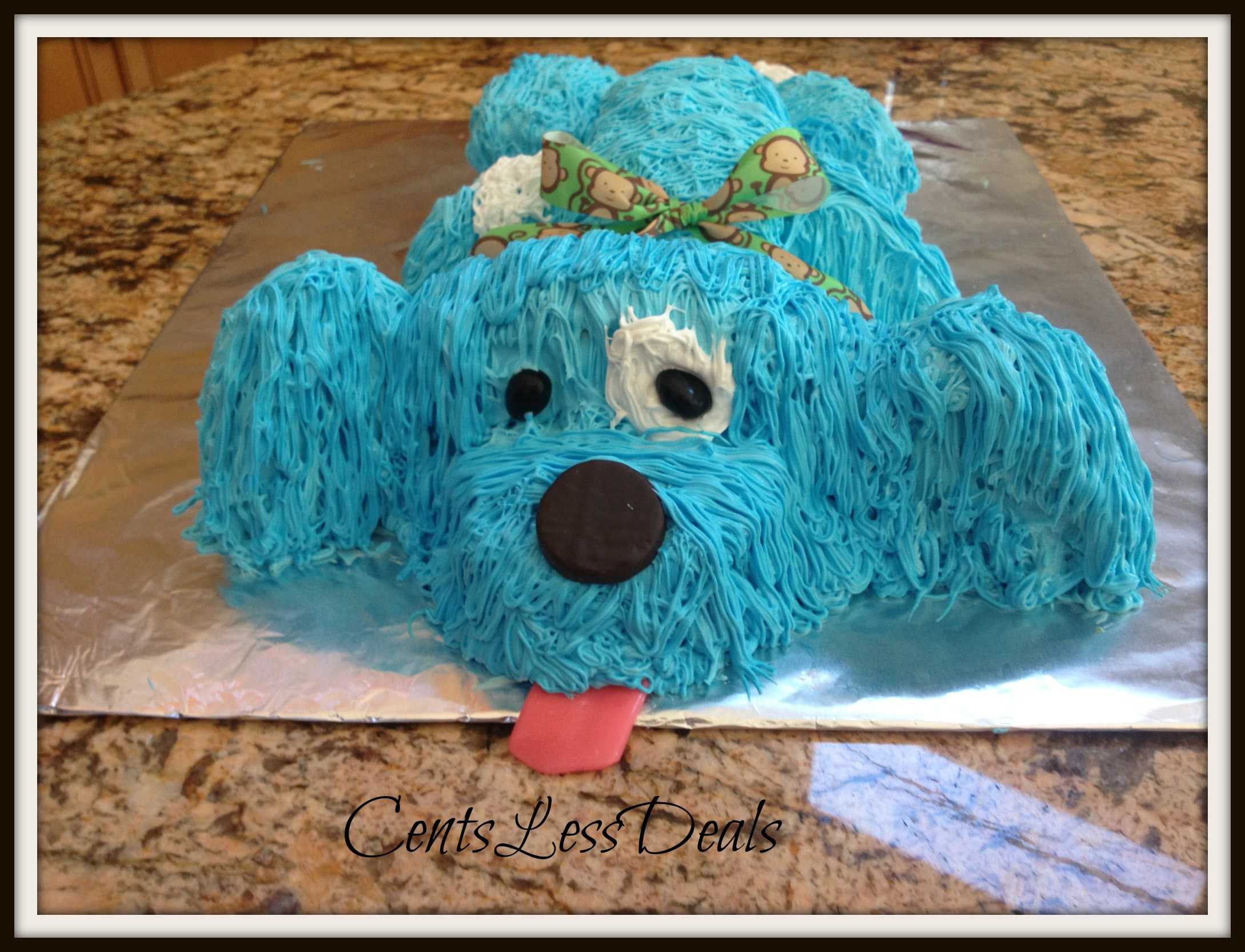 blue puppy cake on a tin foil sheet