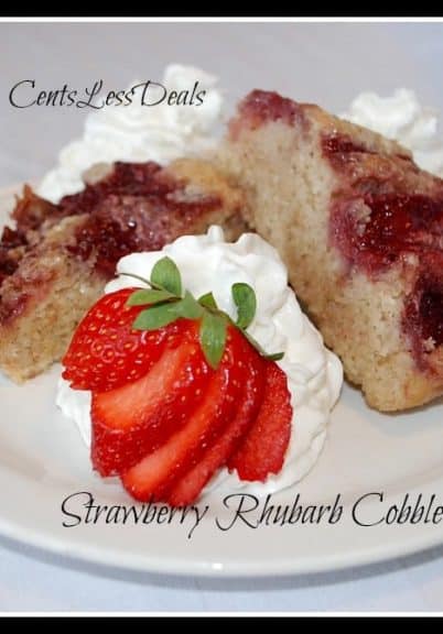 strawberry rhubarb cobbler on a white plate with a title