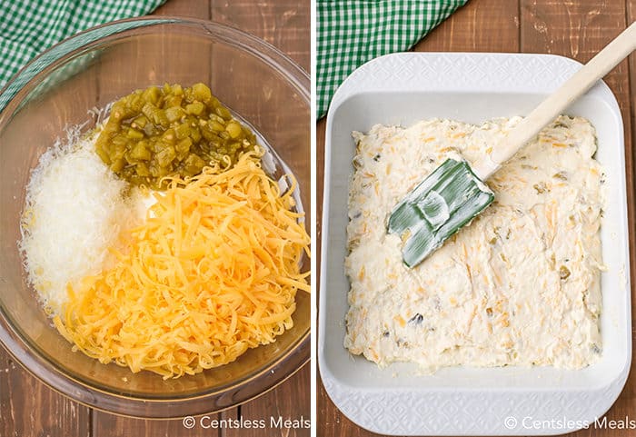 Ingredients for jalapeno popper dip mixture in a glass bowl and then spread into a white casserole dish with a rubber spatula