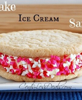 cheesecake ice cream cookie on a plate with sprinkles and a title