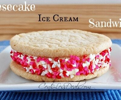 cheesecake ice cream cookie on a plate with sprinkles and a title