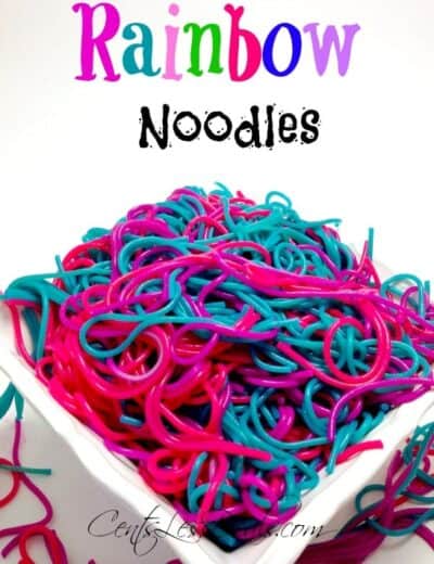 rainbow noodles in a bowl with a title