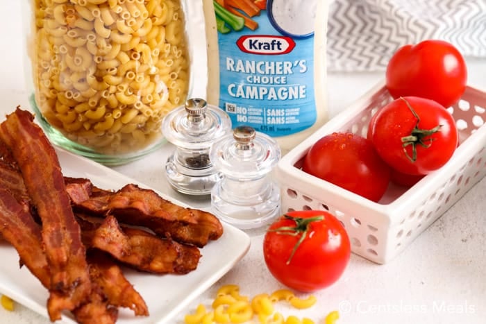 Ingredients for bacon ranch pasta salad