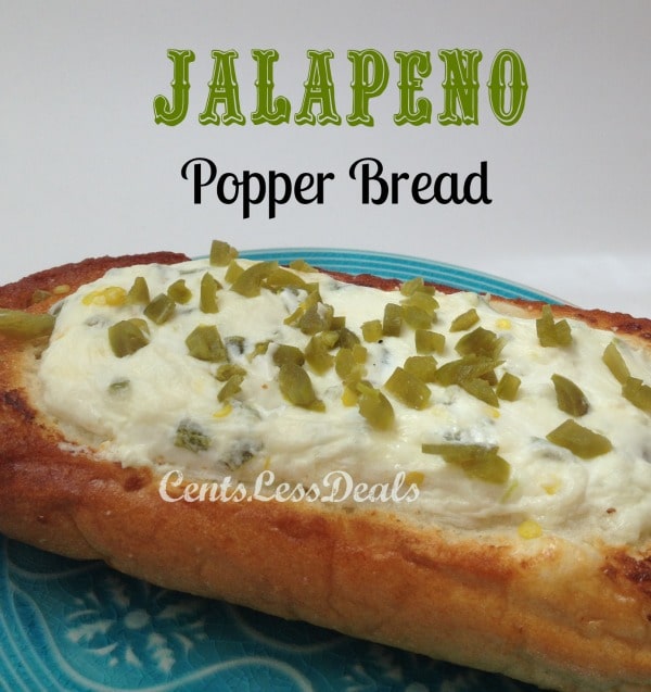 jalepeno popper bread on a blue plate topped with jalapenos and a title