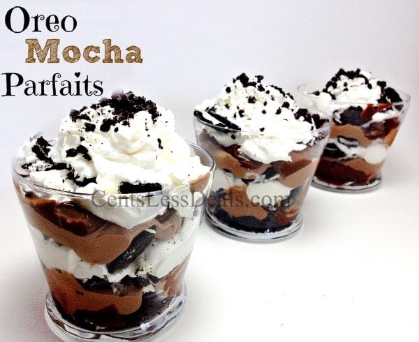 oreo mocha parfaits in a dish with a title