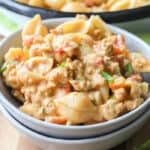 Taco pasta in a white bowl garnished with cilantro