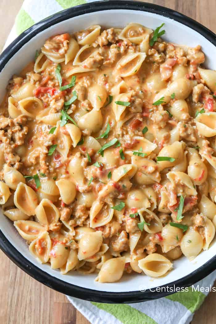 Taco pasta in a bowl garnished with cilantro