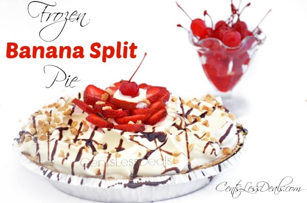 banana split pie with strawberries and a title