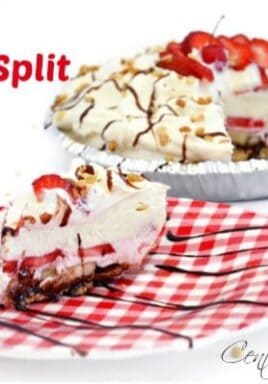 piece of banana split pie on a plate with the whole pie in the background