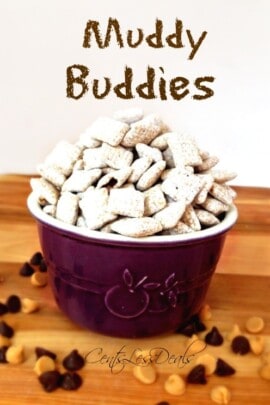 muddy buddies in a bowl with a title