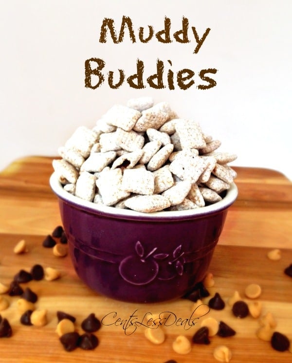 muddy buddies in a bowl with a title