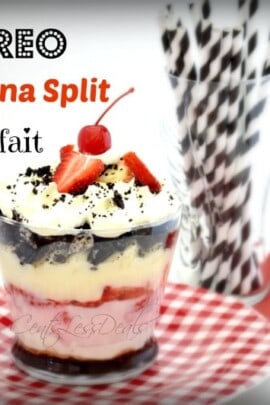 oreo banana split parfait in a clear dish topped with a cherry with a title