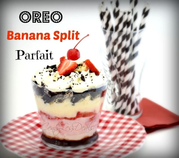 oreo banana split parfait in a clear dish topped with a cherry with a title