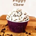 puppy chow in a bowl with a title