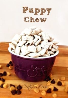 puppy chow in a bowl with a title