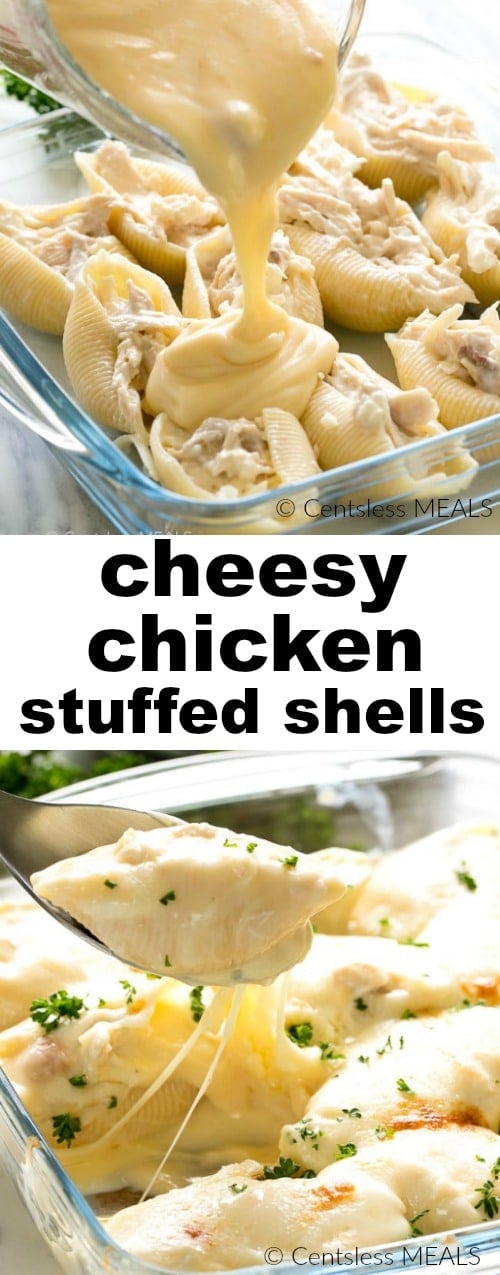Cheesy chicken stuffed shells in a casserole dish with cheese being poured on and one being scooped out with a title