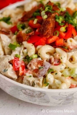 Ranch macaroni salad with bacon and chicken in a bowl