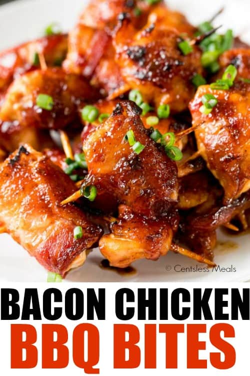 Bacon chicken BBQ bites on a plate with a title