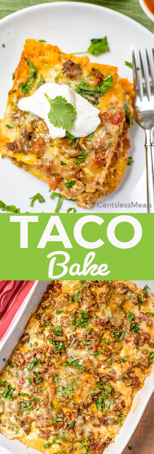 Taco bake in a casserole dish and on a plate with a title
