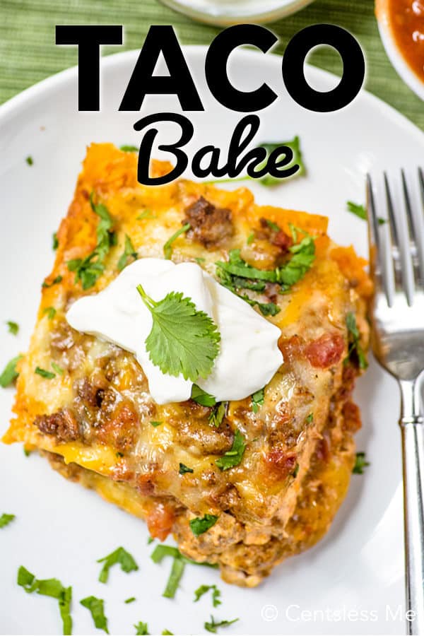 Taco bake on a plate with a fork and a title