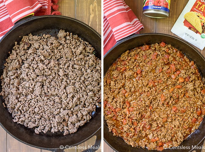 Ground beef in a cast iron pan with and without sauce