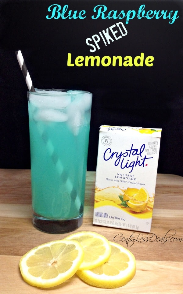 Blue raspberry spiked lemonade in a glass with Crystal Light and slices of lemonade