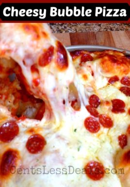 Cheesy bubble pizza in a pan with a title
