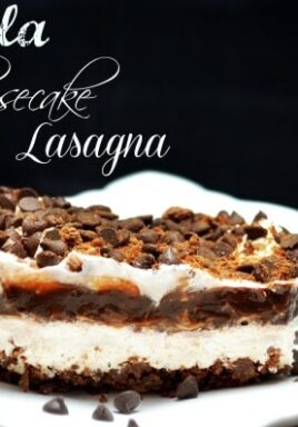 Nutella cheesecake lasagna on a white plate with a title