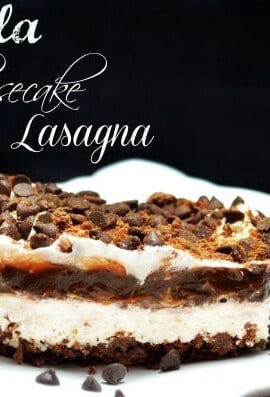 Nutella cheesecake lasagna on a white plate with a title