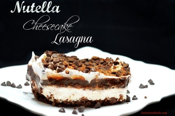 Nutella cheesecake lasagna on a white plate with a title