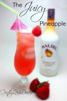 The juicy pineapple drink recipe in a glass with Malibu and strawberries