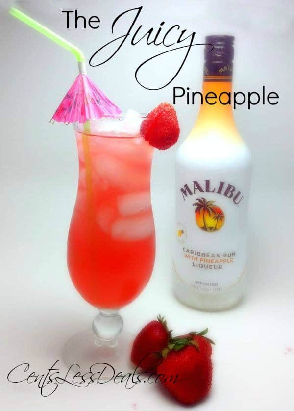 The juicy pineapple drink recipe in a glass with Malibu and strawberries