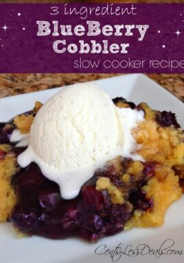 Three ingredient Blueberry cobbler slow cooker recipe on a white plate topped with ice cream with a title