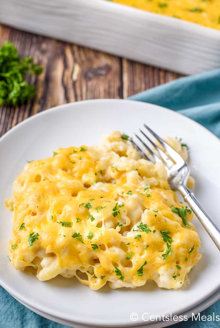 plate of Baked Macaroni and Cheese with a fork