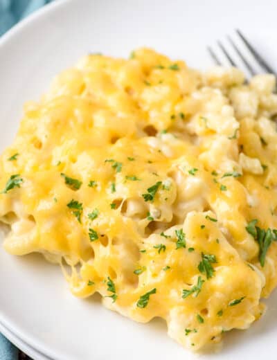 closeup of Baked Macaroni and Cheese on a plate