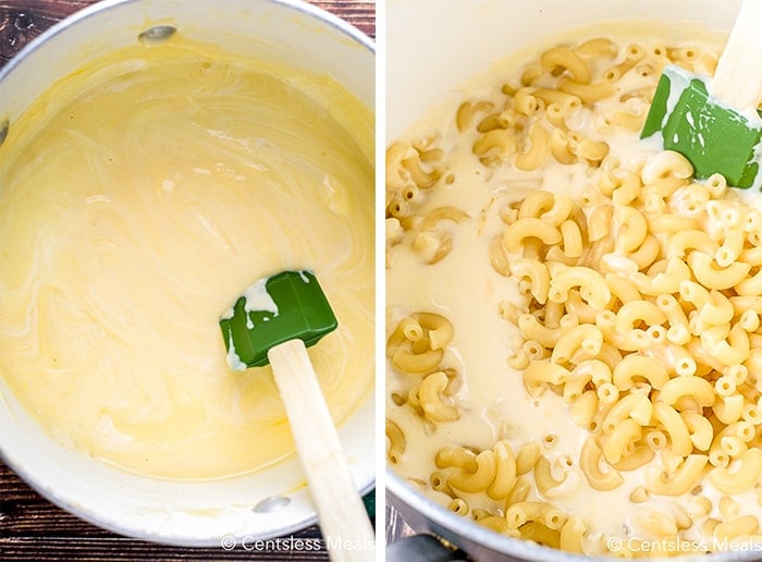 steps for making Baked Macaroni and Cheese, sauce and adding sauce to macaroni