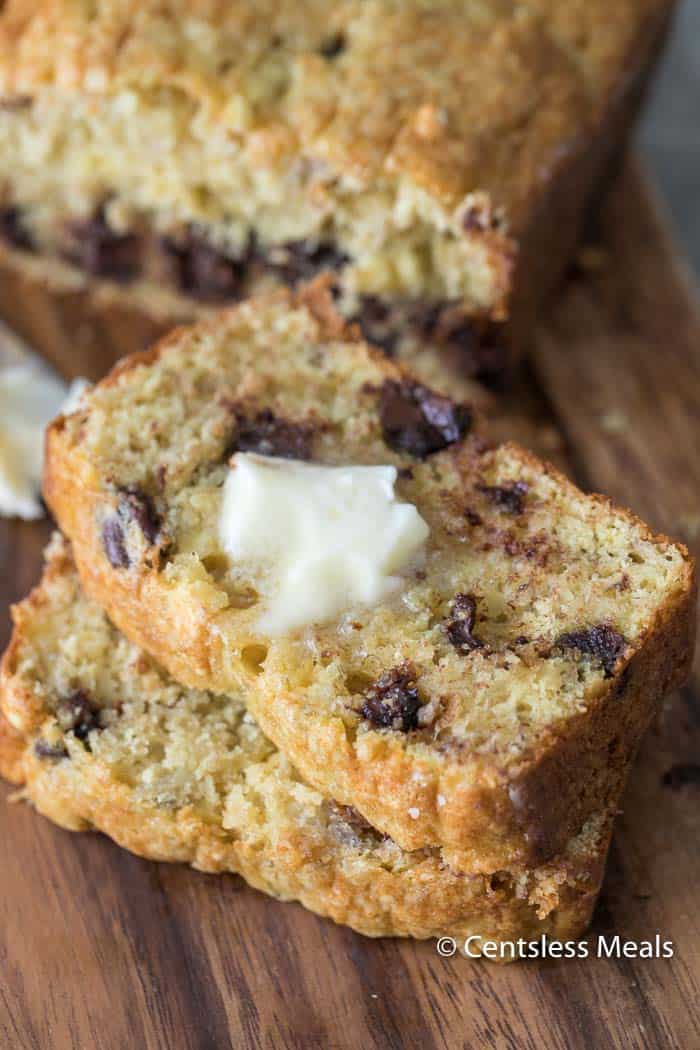 Cake Mix Banana Bread slices with melted butter on top