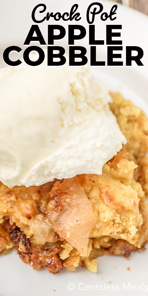 Crock pot apple cobbler on a plate with a title