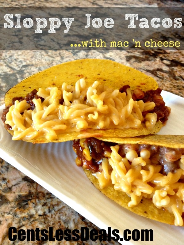 Sloppy joe tacos with mac and cheese on a white serving plate with writing