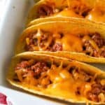 Sloppy joe tacos in a white casserole dish