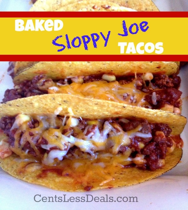 Baked sloppy joe tacos in a dish with a title