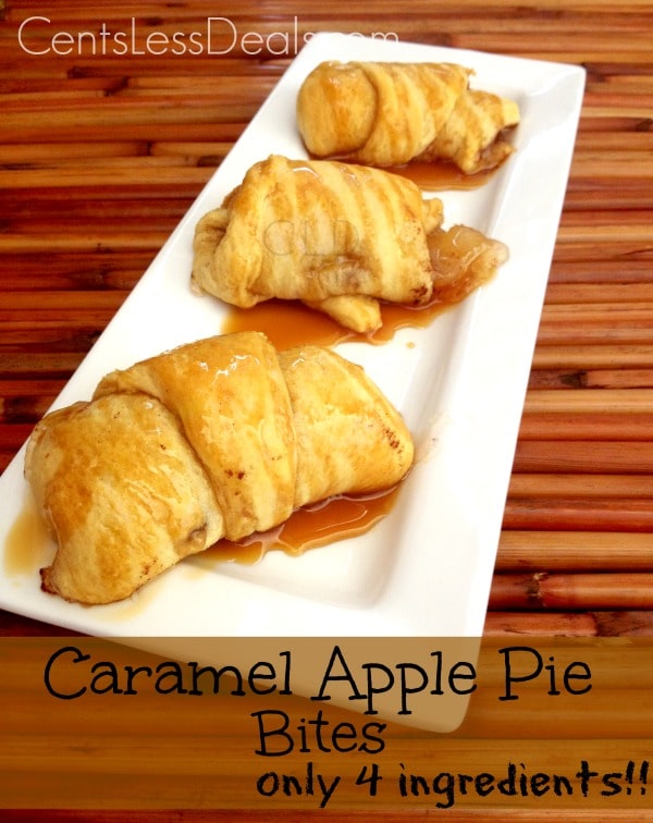 Caramel apple pie bites on a white serving plate with caramel drizzled on and a title