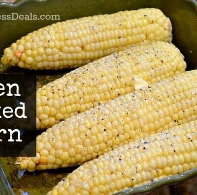 Oven-baked corn in a casserole dish with salt pepper butter and a title