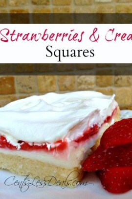 Strawberries and cream squares topped with whipped cream on a white plate with strawberries and a title